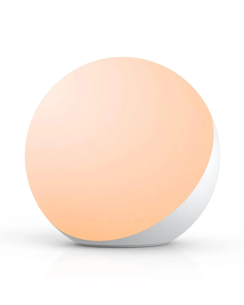 Round acrylic table lamp with polished finish, 5.12 inches diameter, 4.86 inches high