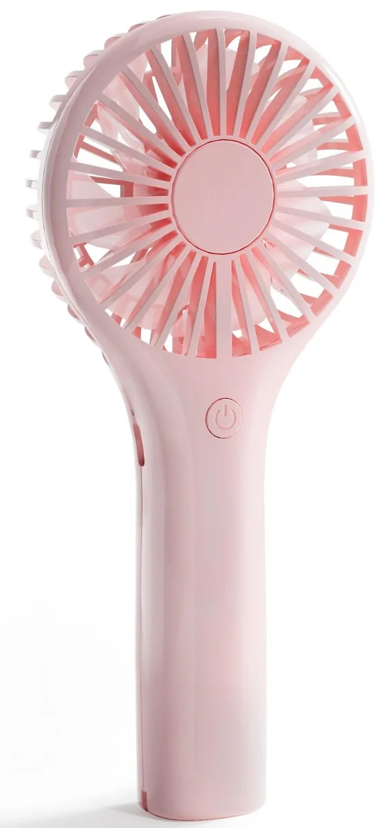 Pink handheld fan with glossy finish, five silver blades and a lanyard loop