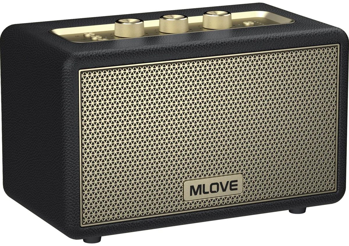 Black retro portable Bluetooth speaker with wood cabinet, metal grille, three control knobs and elevated legs