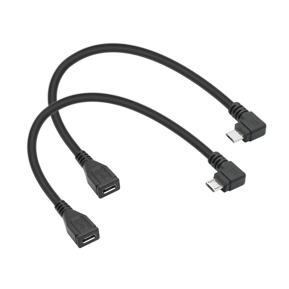 Two short black Micro USB cables with 90° left and right angled connectors