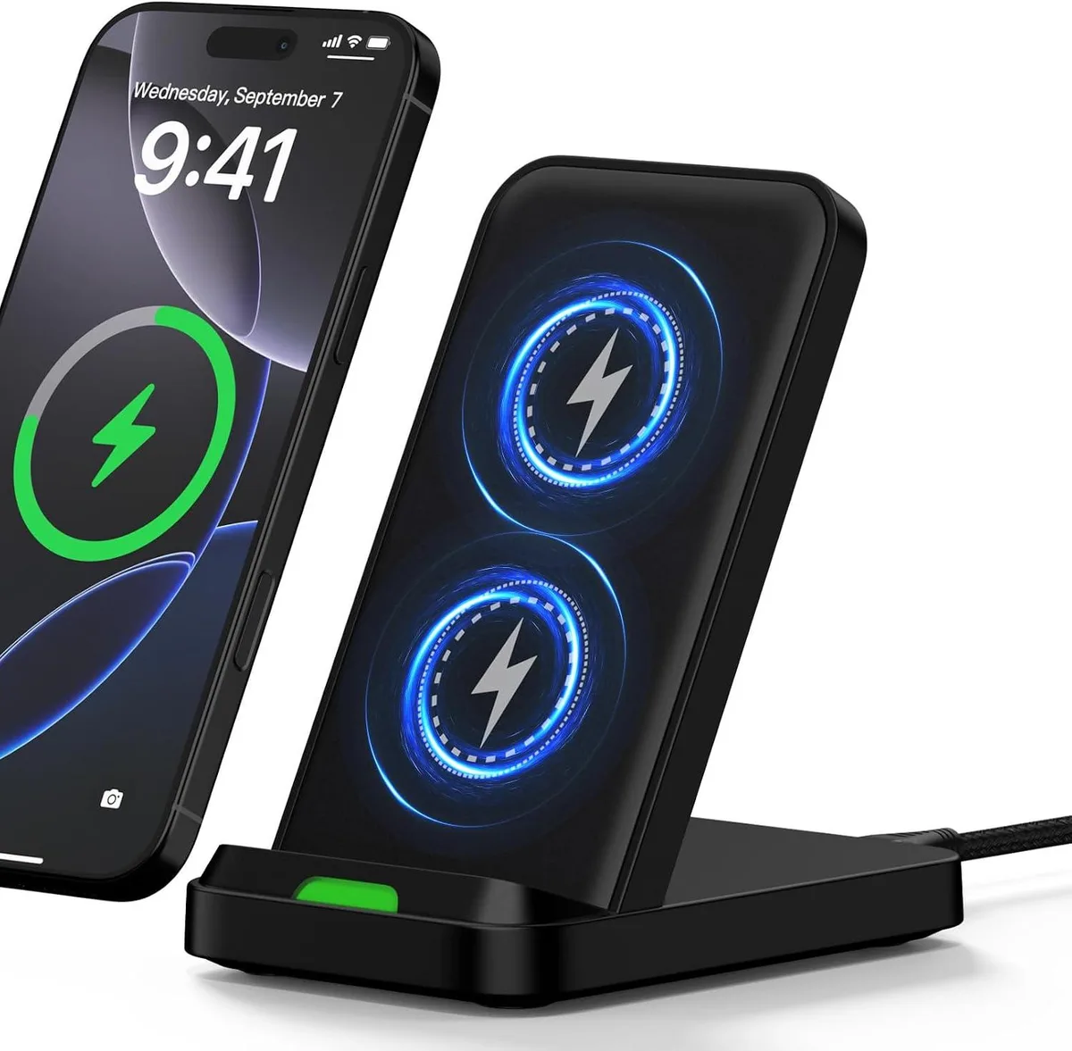 Luisport 15W wireless charger stand with dual-coil pad for vertical or horizontal phone charging