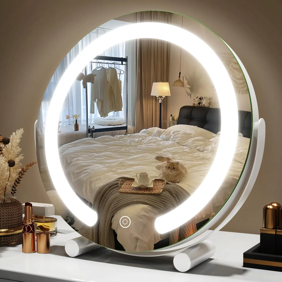 Round white aluminium mirror with LED edge glow and touch controls