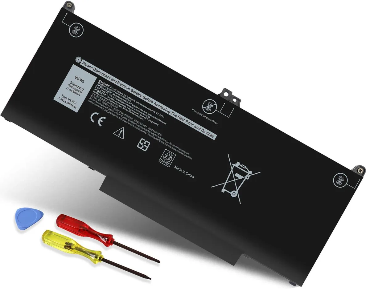 Black rectangular laptop battery pack with label showing 7.6V 60Wh