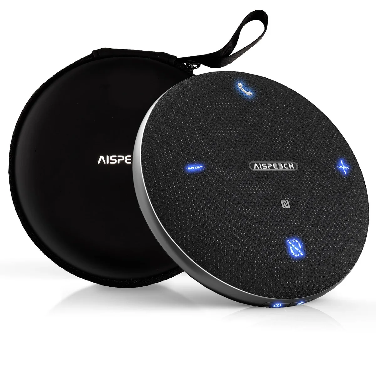 Black cylindrical conference speakerphone with touch controls and portable case