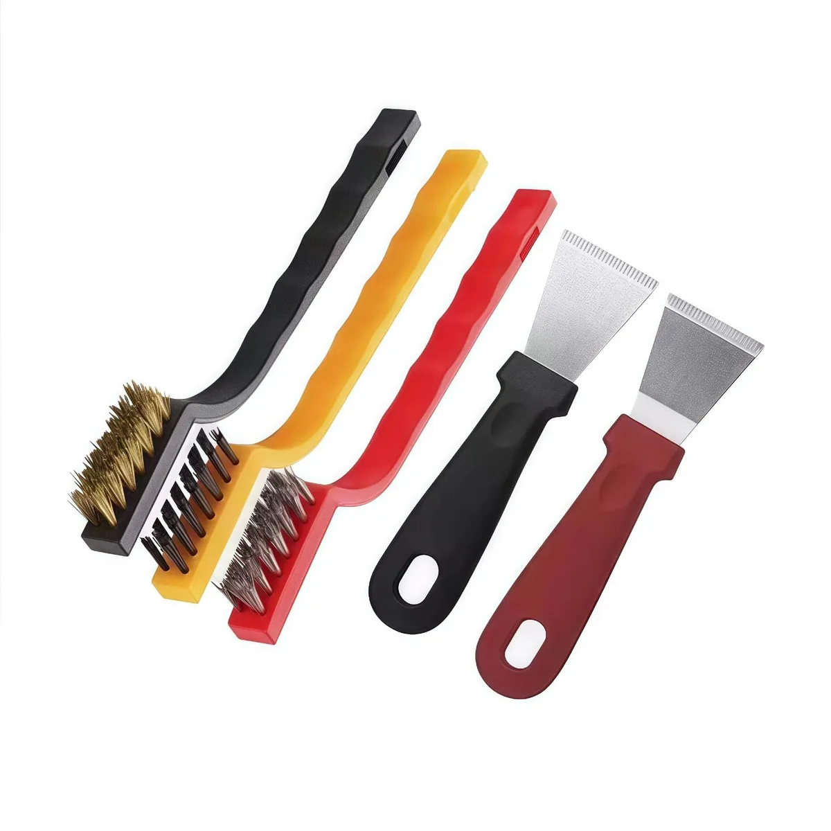 Five-piece cleaning kit with two stainless scrapers and three mini wire brushes