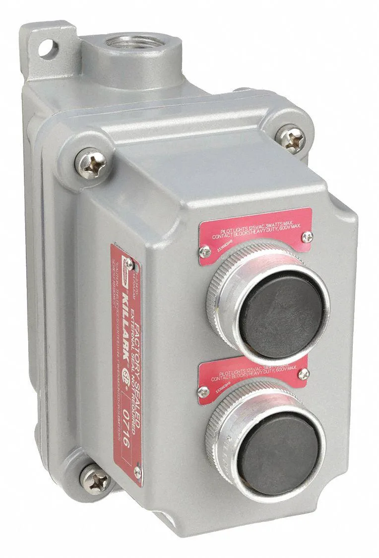 Grey aluminum control station with two black momentary push buttons surface mounted
