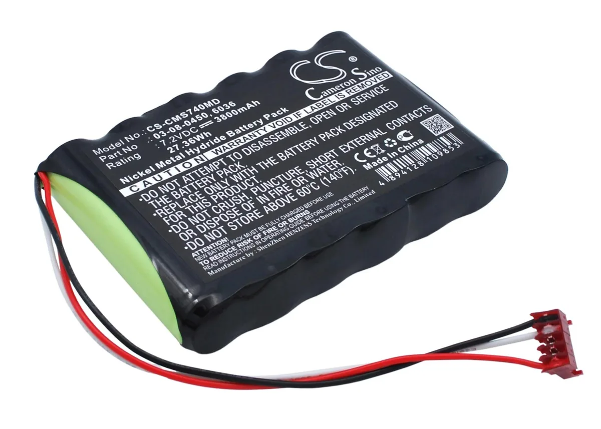 Rectangular medical battery pack, dark grey plastic casing with label and connector pins