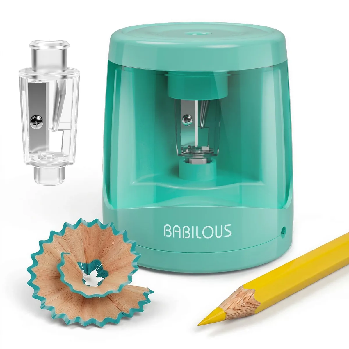 Blue plastic electric pencil sharpener, compact rectangular shape with pencil hole and transparent shavings container