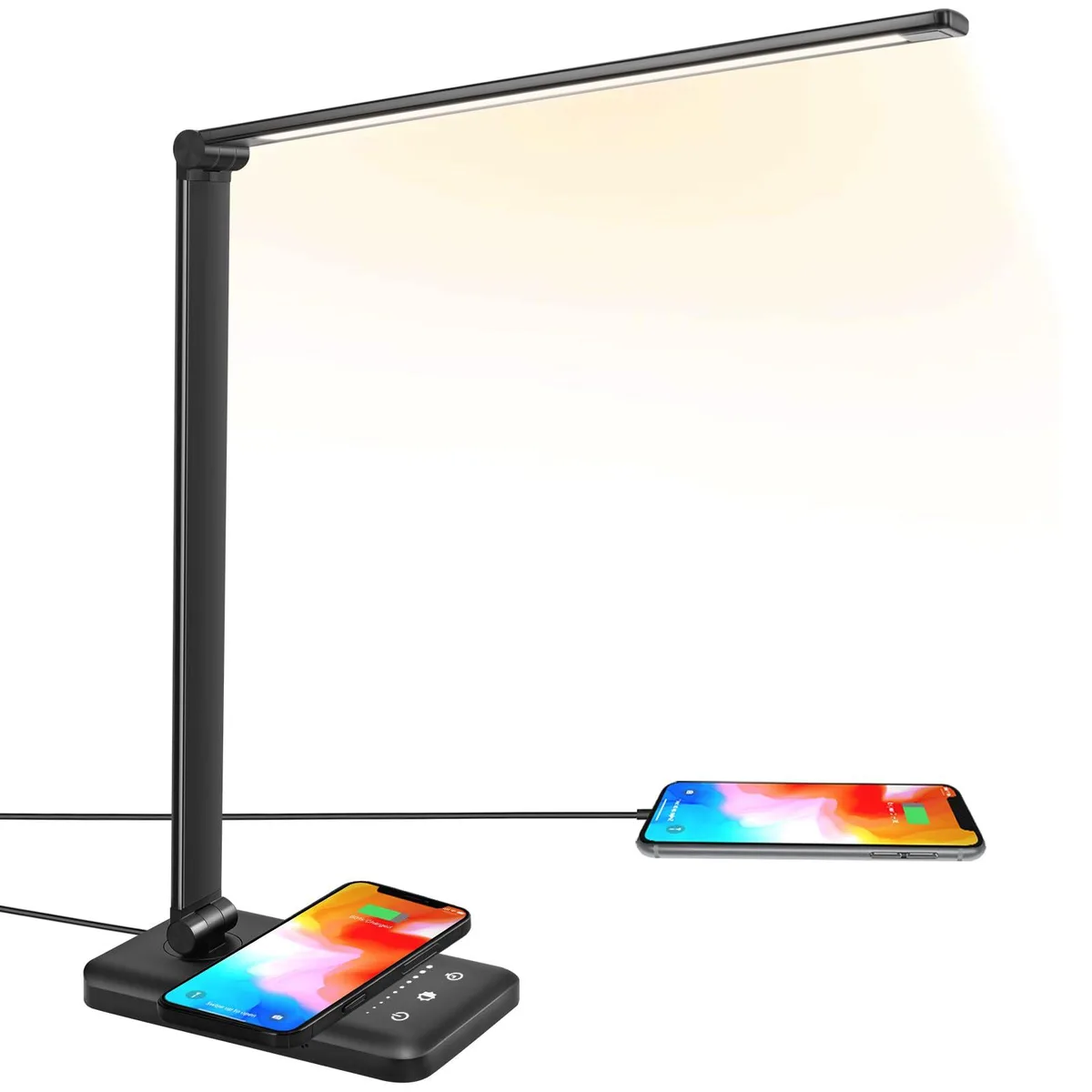 Black rectangular desk lamp with metal and plastic shade, foldable arm and base