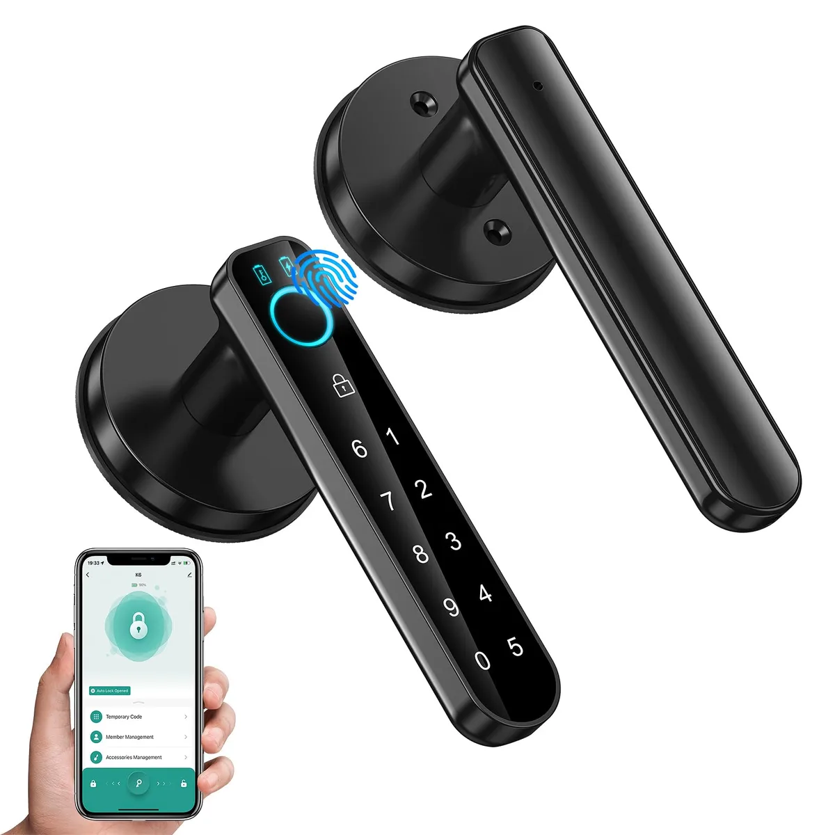 Twelve black zinc biometric door handles with keypad and fingerprint sensor