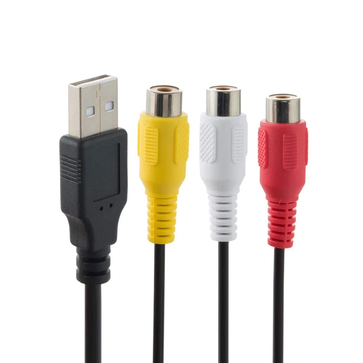 USB 2.0 A male plug to three RCA female sockets, colour-coded yellow red white, 5 ft PVC cable