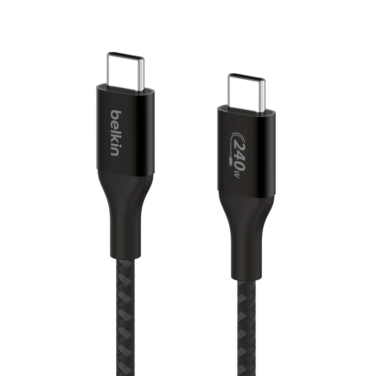 Black braided nylon USB-C to USB-C cable with anodized aluminium connectors, 3.3ft long