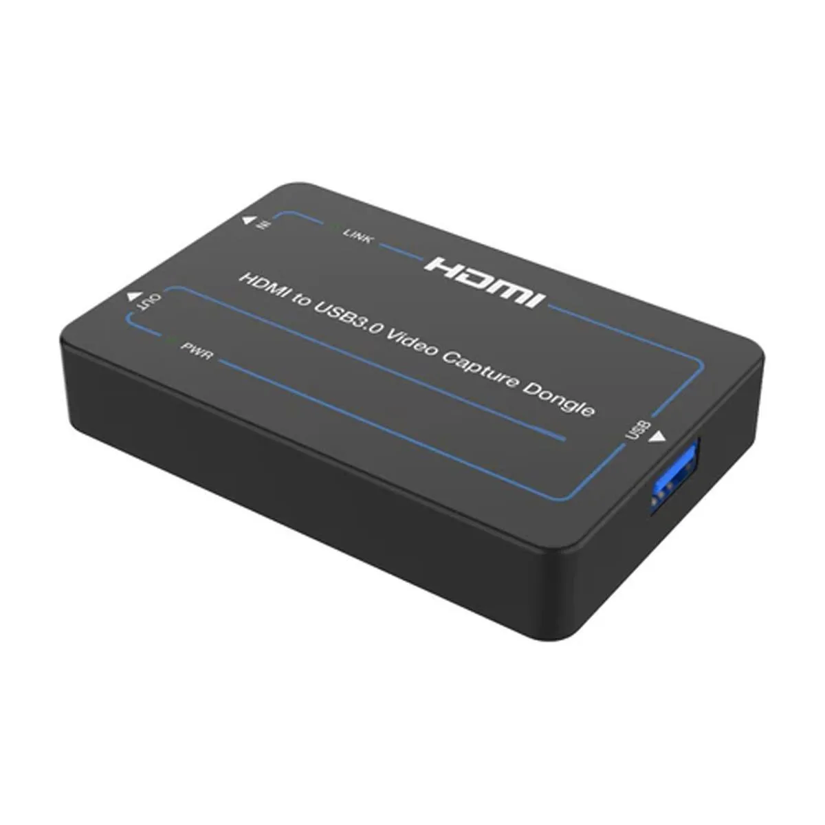 Compact black HDMI-to-USB capture dongle with loop-out port