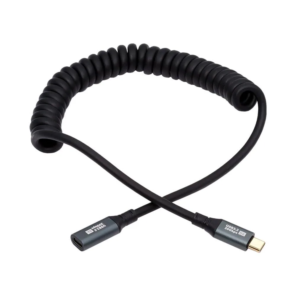 Coiled USB-C cable with male and female connectors, 180cm extended length