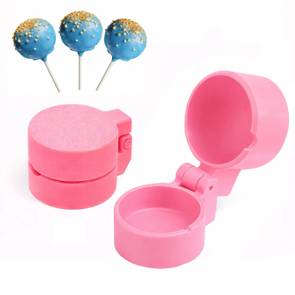 Two pink plastic round cake pop molds with press plungers side by side