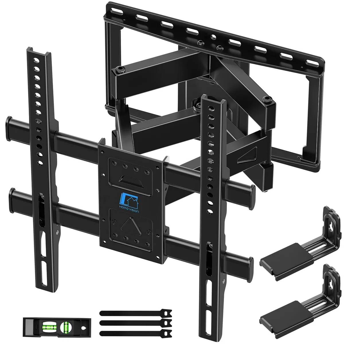 Black full-motion TV wall mount with dual articulating arms and included soundbar bracket