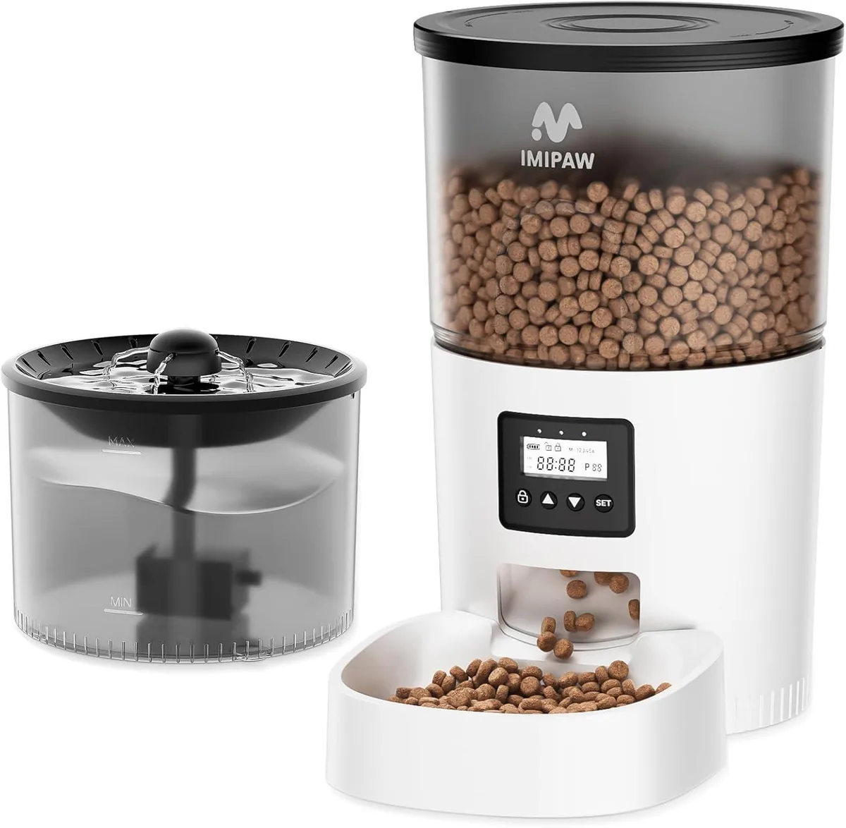 White automatic pet feeder and water fountain combo with transparent 3L food tank and dual rotor design