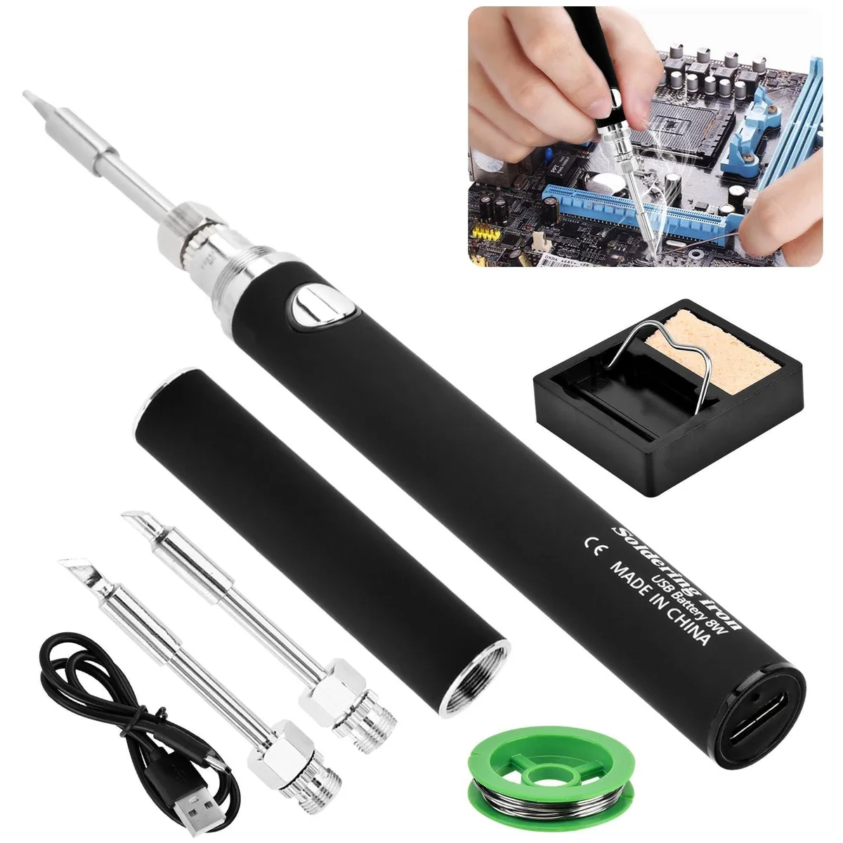  Cordless Soldering Iron Kit Black USB 900mAh 3 Temp 100-350°C — product photo