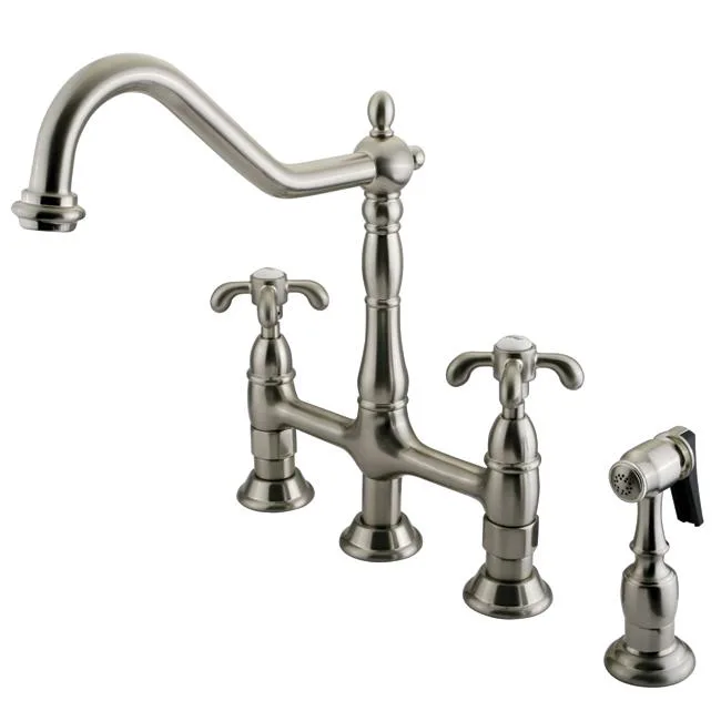 Brushed nickel bridge kitchen faucet with side sprayer