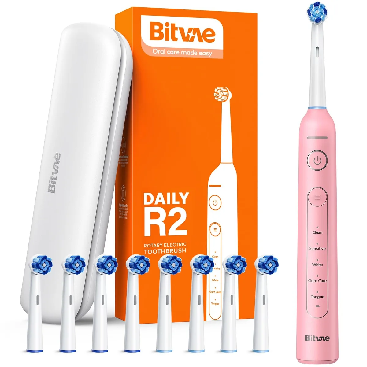 Pink electric toothbrush with round brush head and travel case