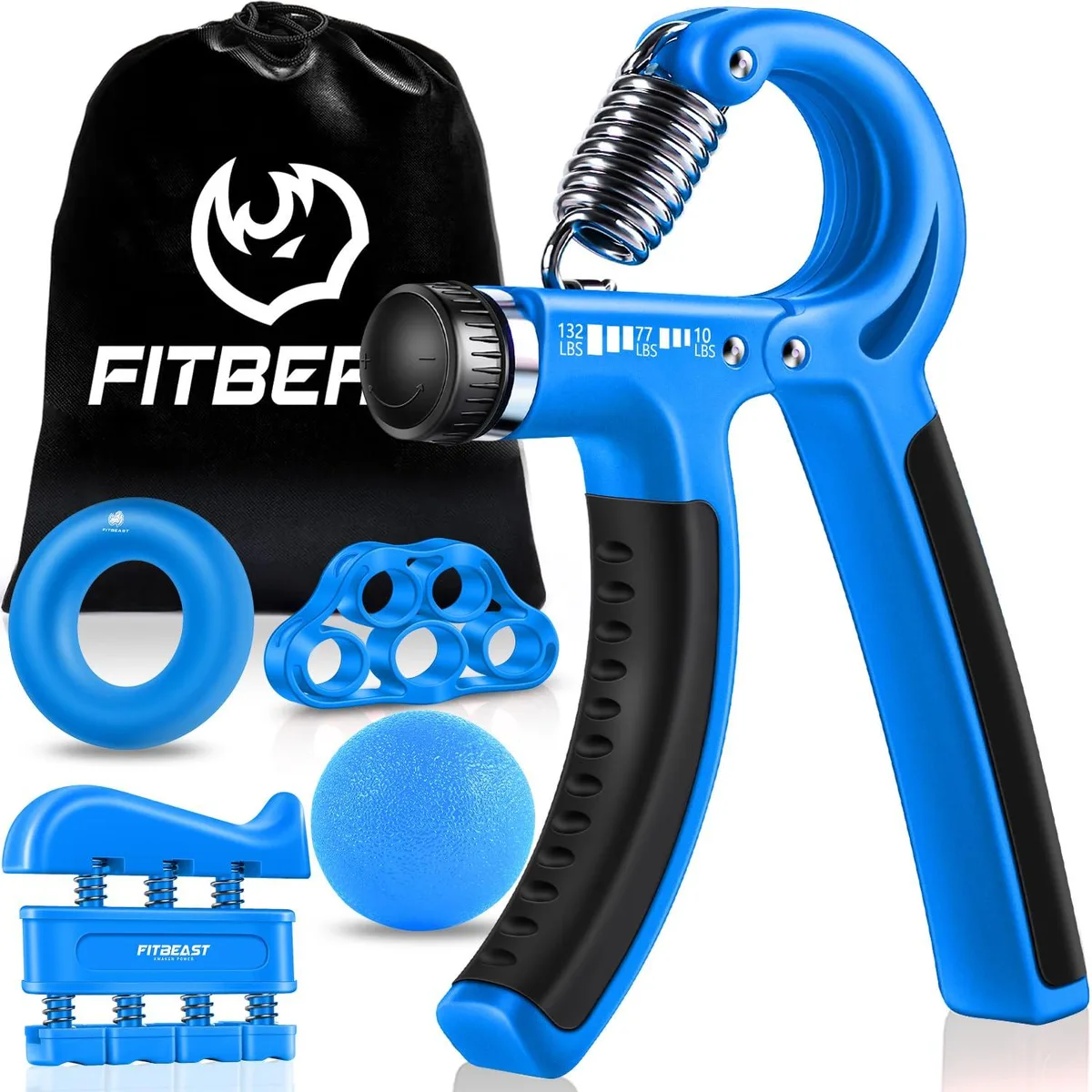 Five light blue adjustable hand grips with textured handles