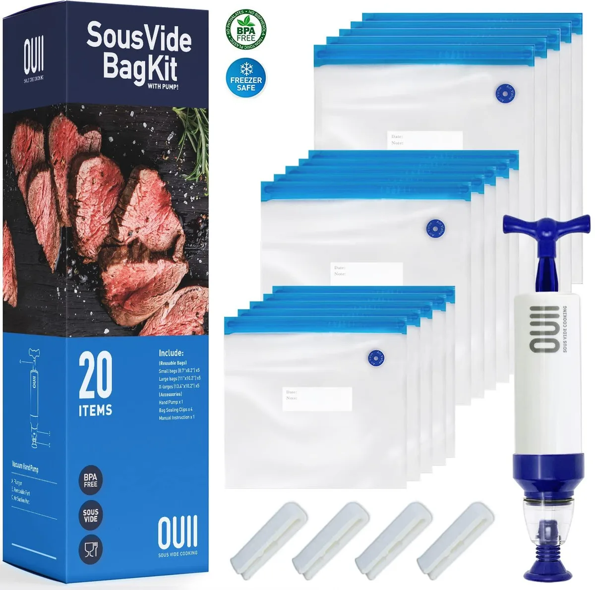  OUII 20 Pcs Kit Vacuum Sealer Bags with Hand Pump and Clips — product photo
