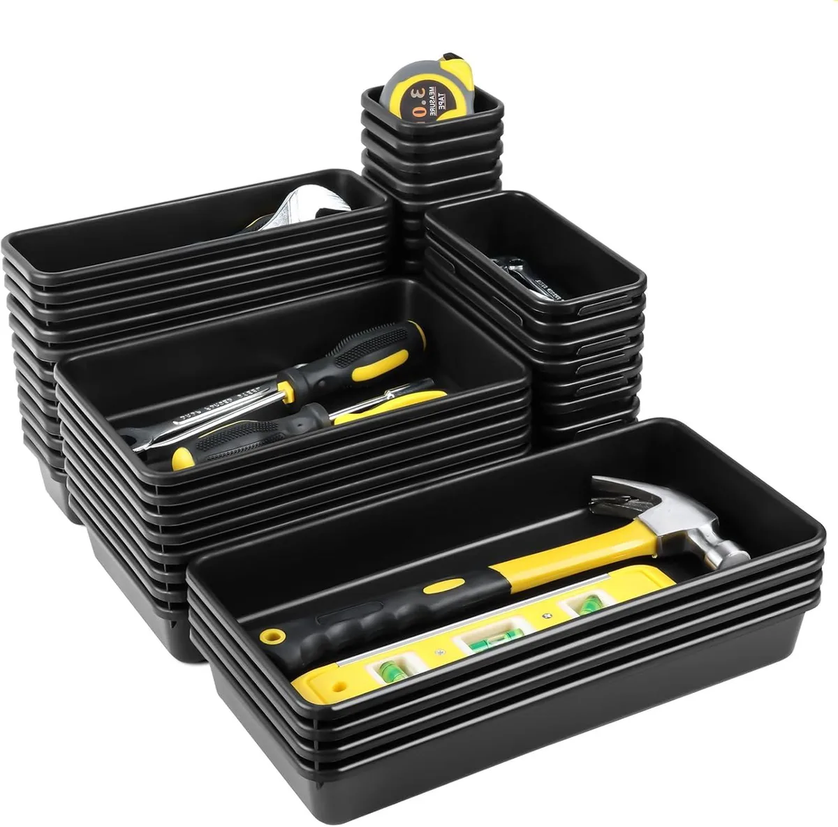 Black plastic tool tray dividers in five sizes, sixty interlocking pieces with raised edges