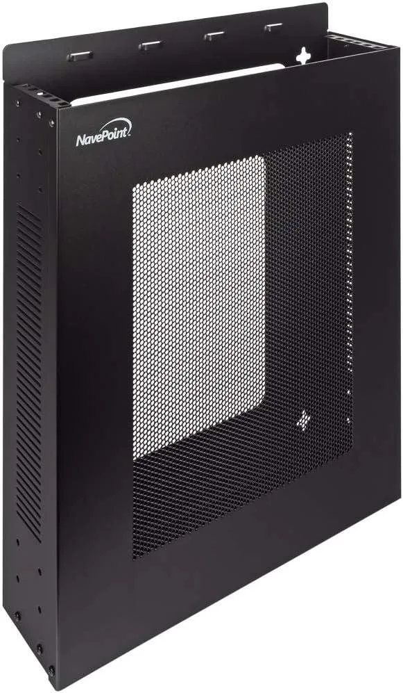 Black vertical 2U wall mount server rack with vented steel frame and cable management cutouts