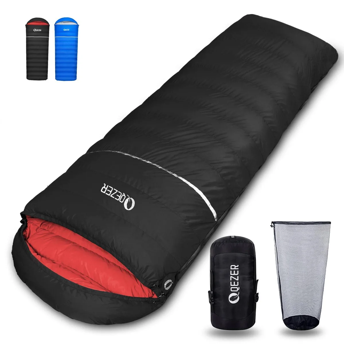 Black rectangular down sleeping bag with right-side zipper and compression sack