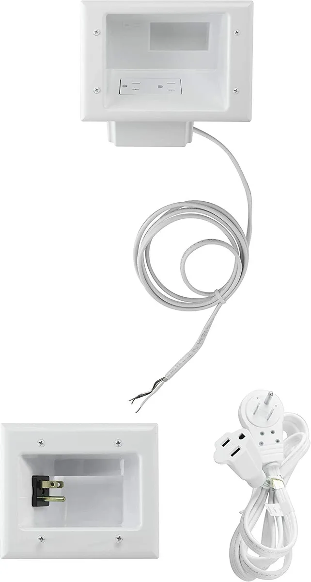 White rectangular wall-plate kit with recessed duplex outlet and low-profile cable pass-through