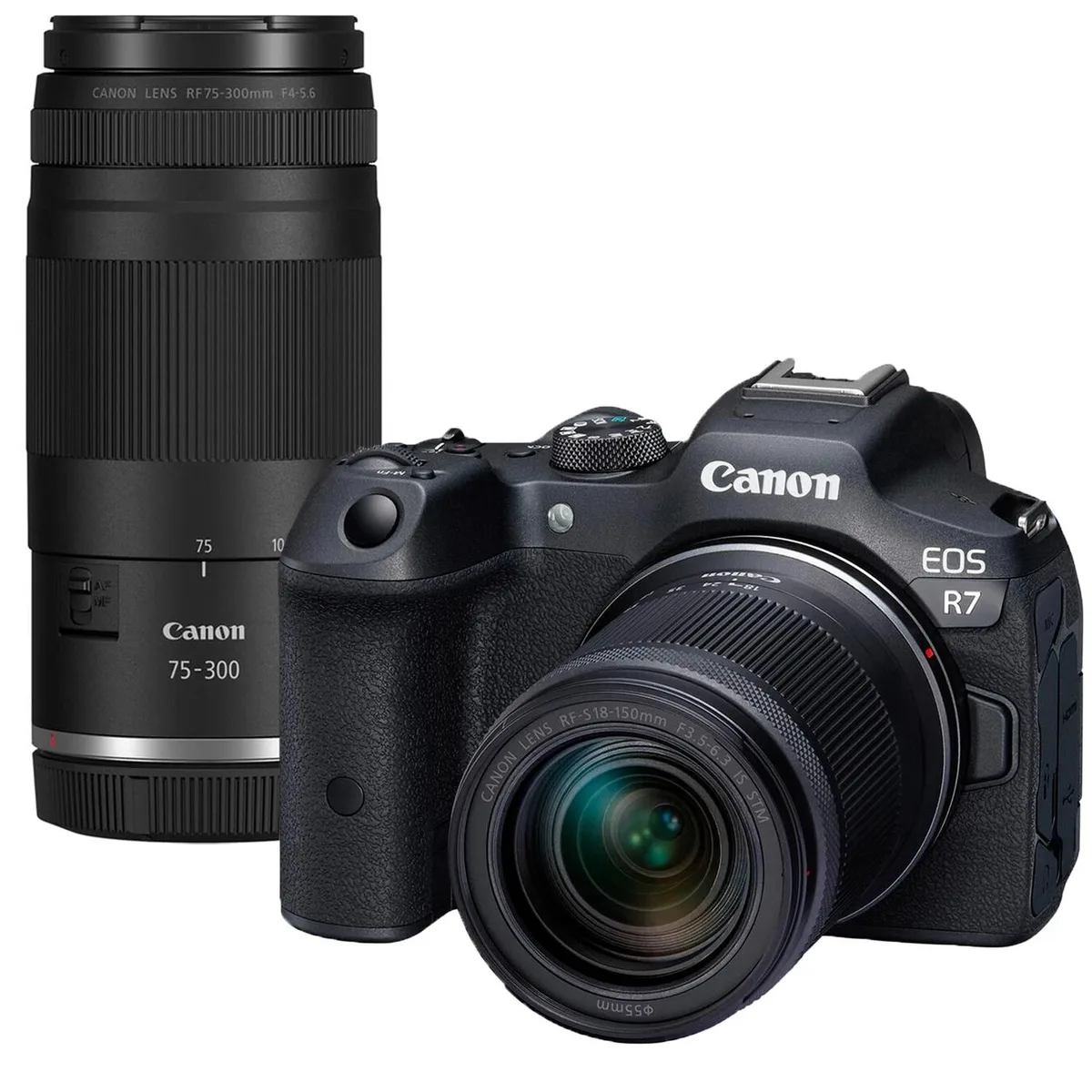 Canon Canon EOS R7 32.5MP Mirrorless Camera with RF-S 18-150mm f/3.5-6.3 IS STM + RF 75-300mm f/4-5.6 Lens — product photo