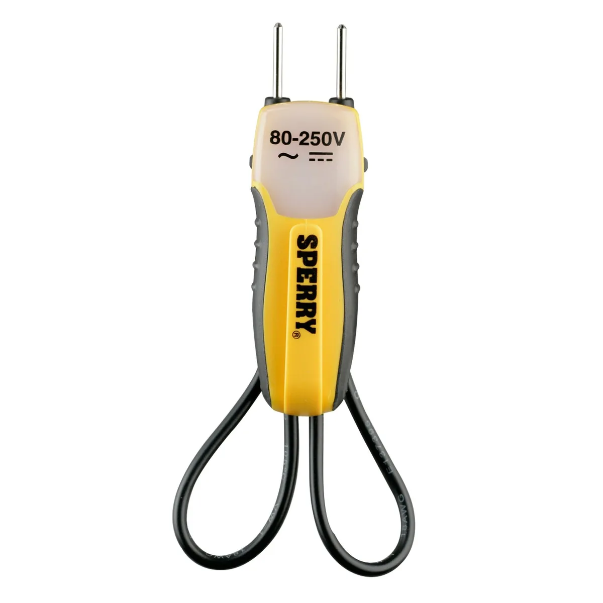 Yellow plastic voltage tester with snap-in probes and indicator lights