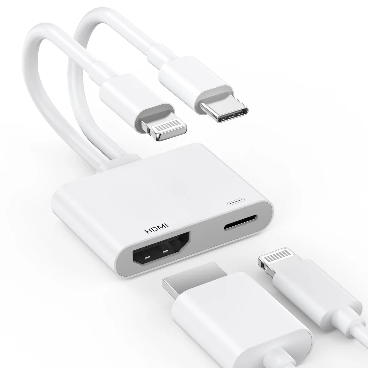 Black compact adapter with Lightning and USB-C plugs, HDMI port and USB-C charging port