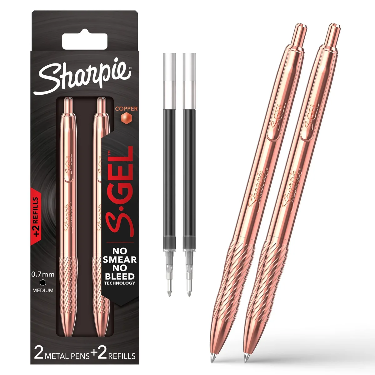 Two copper metal pens with pocket clips and two refills