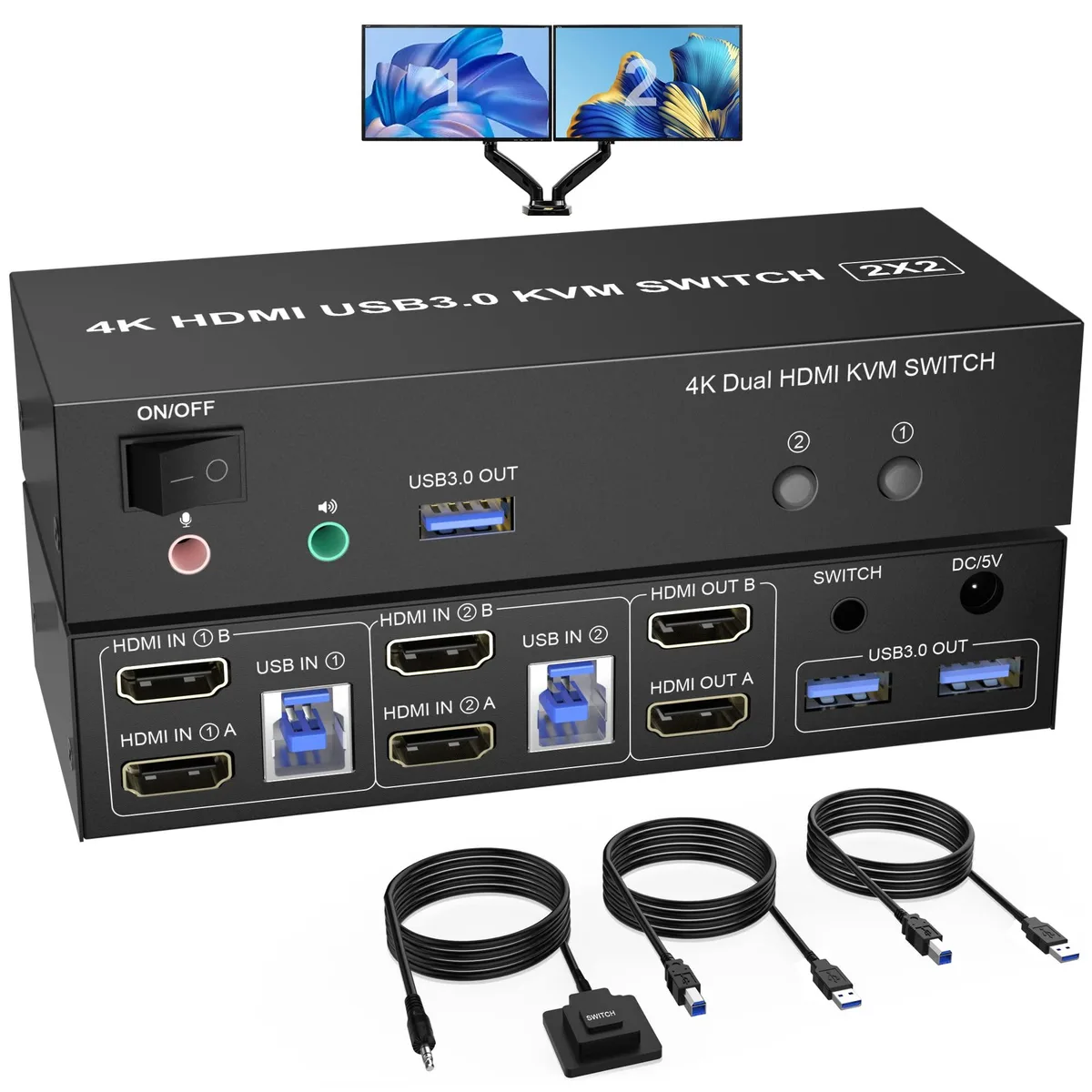 Vszerda Vszerda KM202B-USB3.0 KVM switch 2 computers 2 monitors 4K 60Hz 3 USB 3.0 ports — product photo
