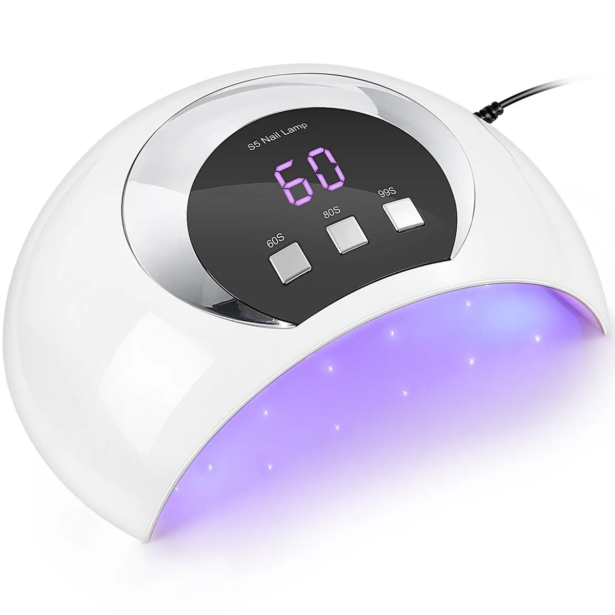 White plastic rectangular nail lamp with curved top, LED display, and open interior showing 18 LED beads
