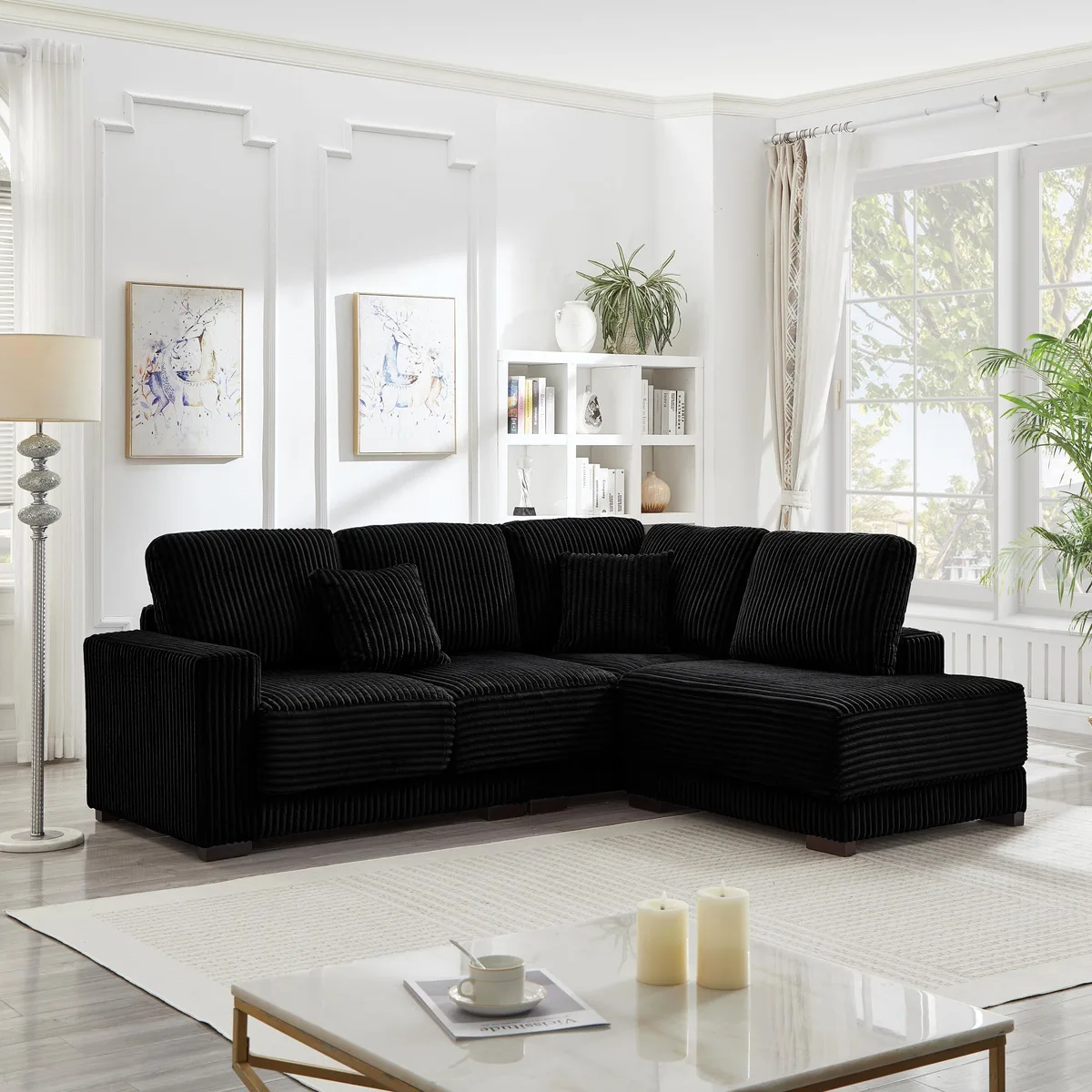 Black corduroy L-shaped sectional sofa with reversible chaise, 93 inches wide