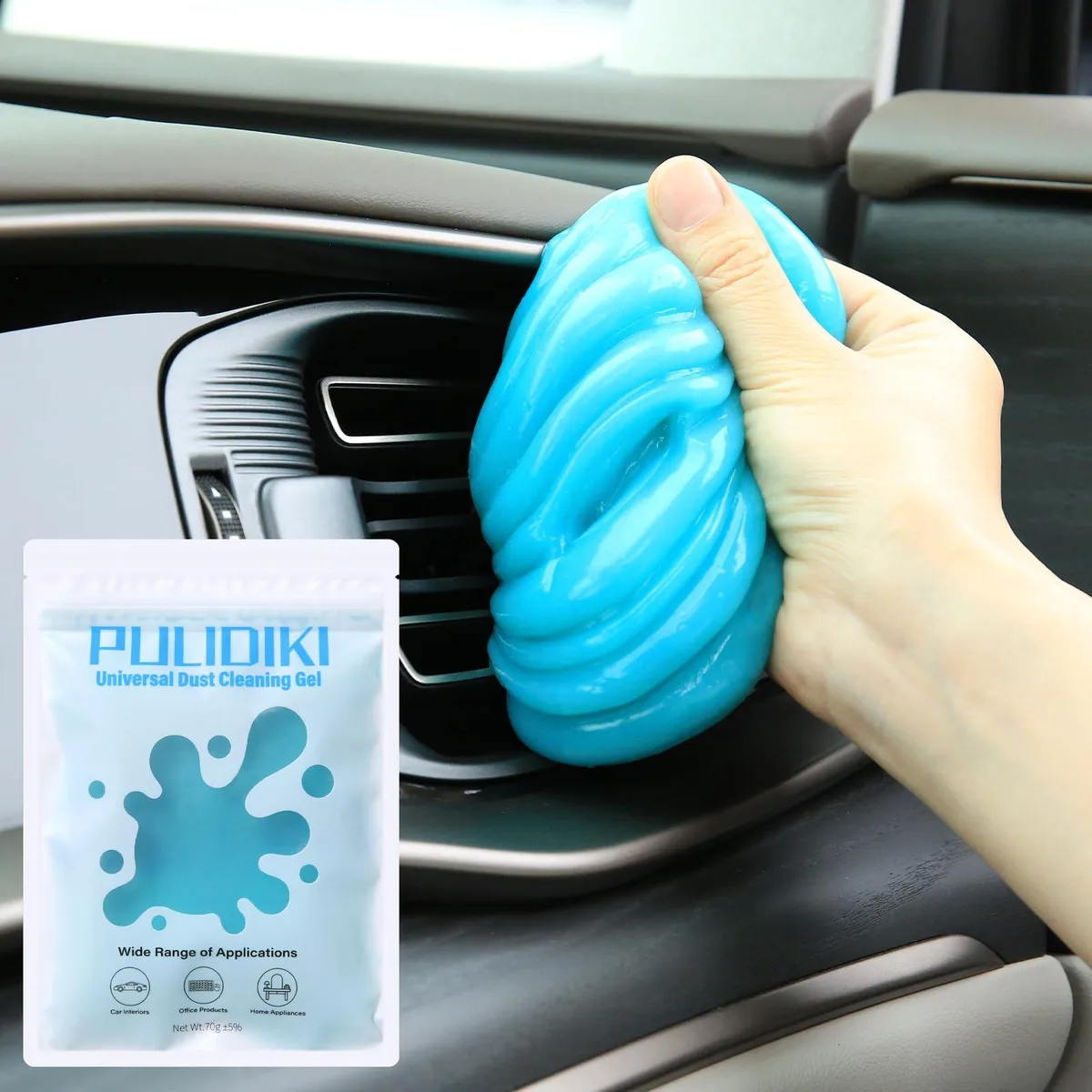 Blue cleaning gel in a flat rectangular tub 4.7 by 6.7 by 0.2 inches 70g