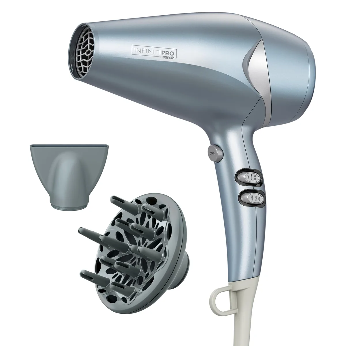 Blue handheld hair dryer with diffuser and concentrator attachments