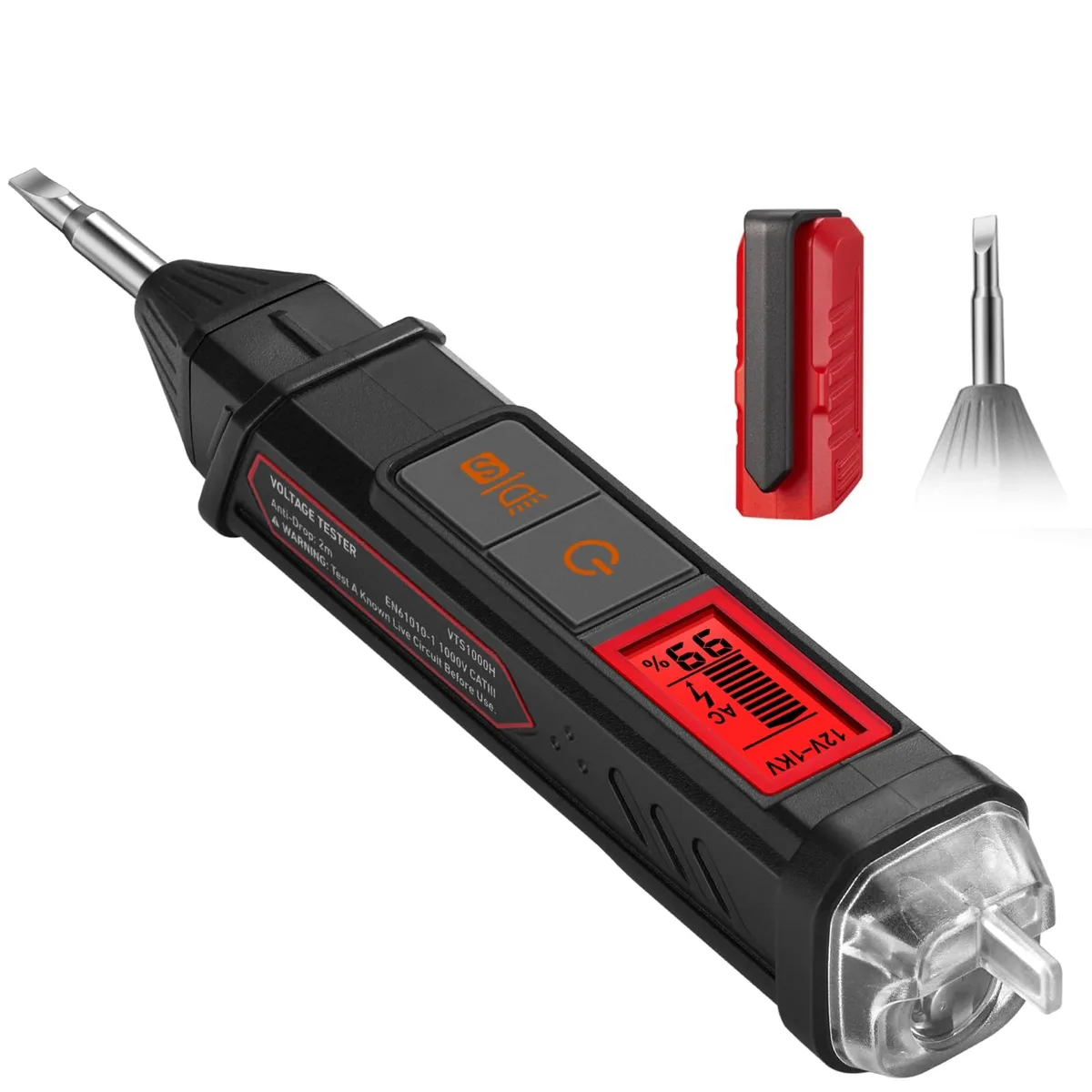 Red voltage tester with integrated screwdriver, LCD display, non-contact probe, 17.8 cm long