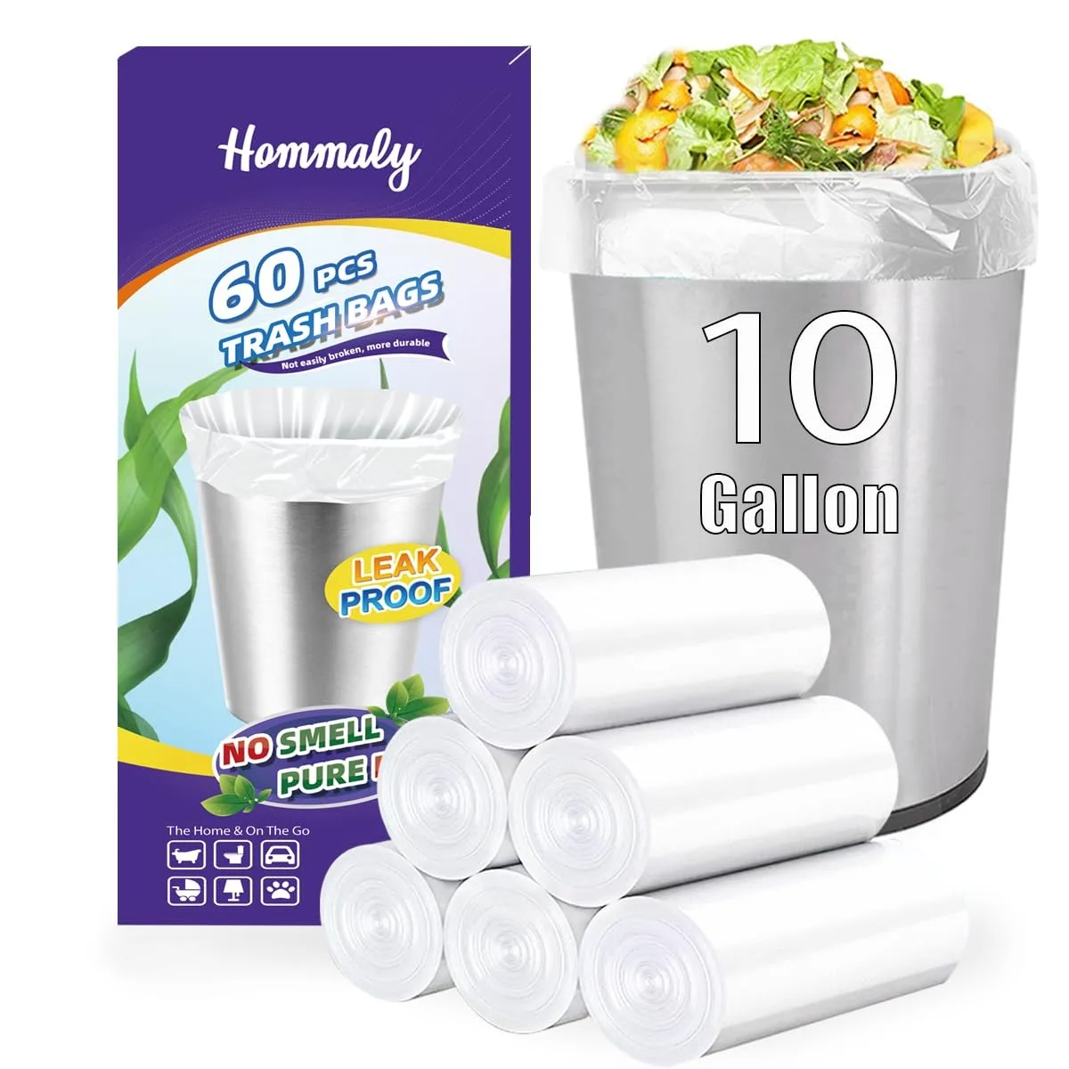Three packs of clear plastic trash bag rolls on white background