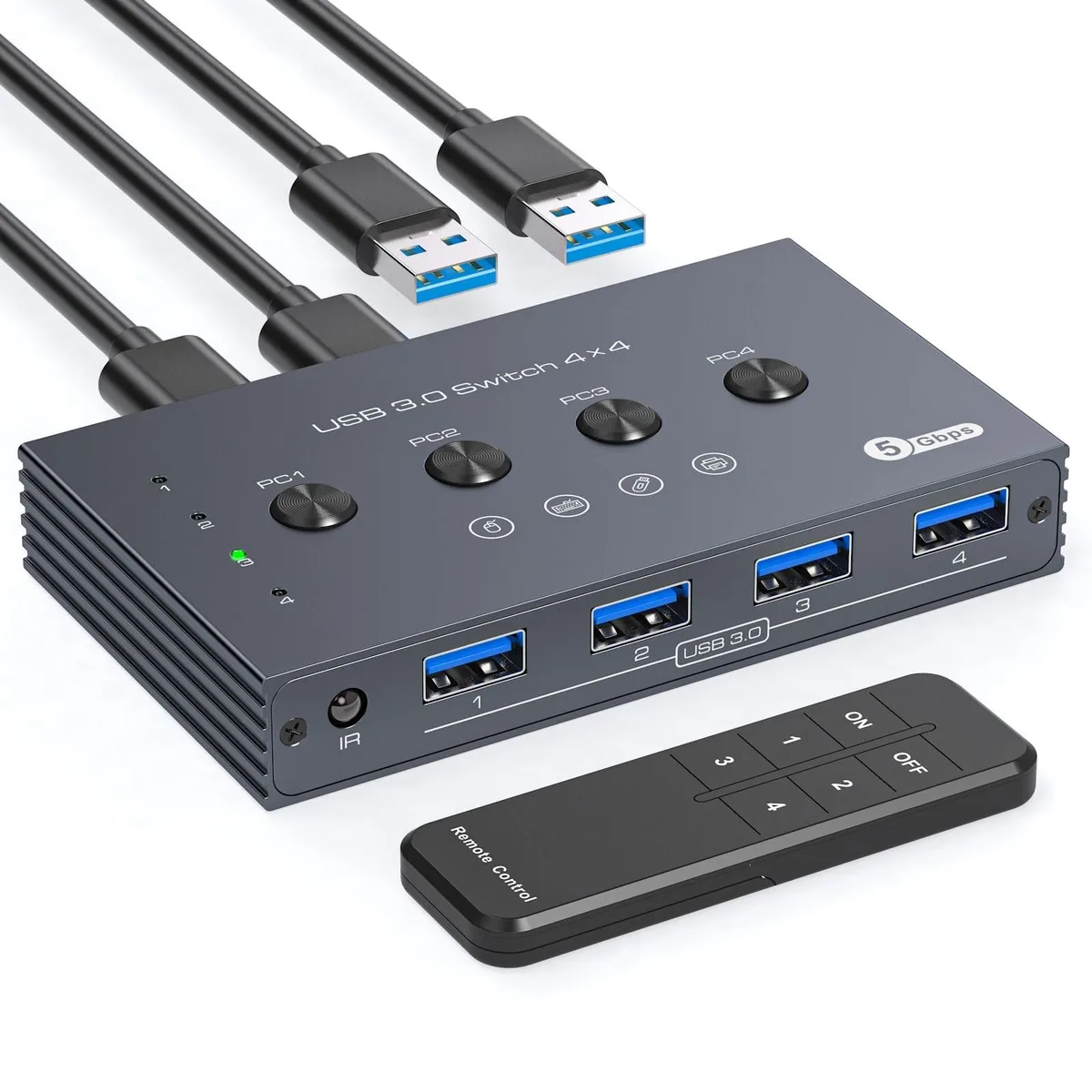 A black rectangular USB 3.0 switch with four ports and a remote control