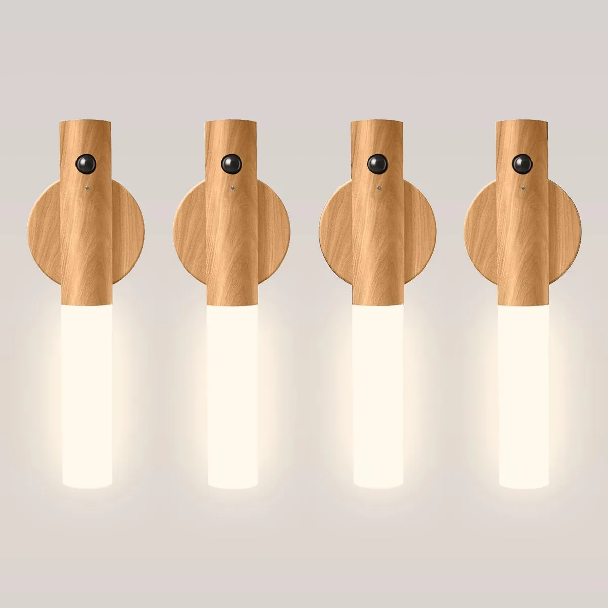 Four oak-yellow acrylic magnetic LED sconces with USB-C charging cable