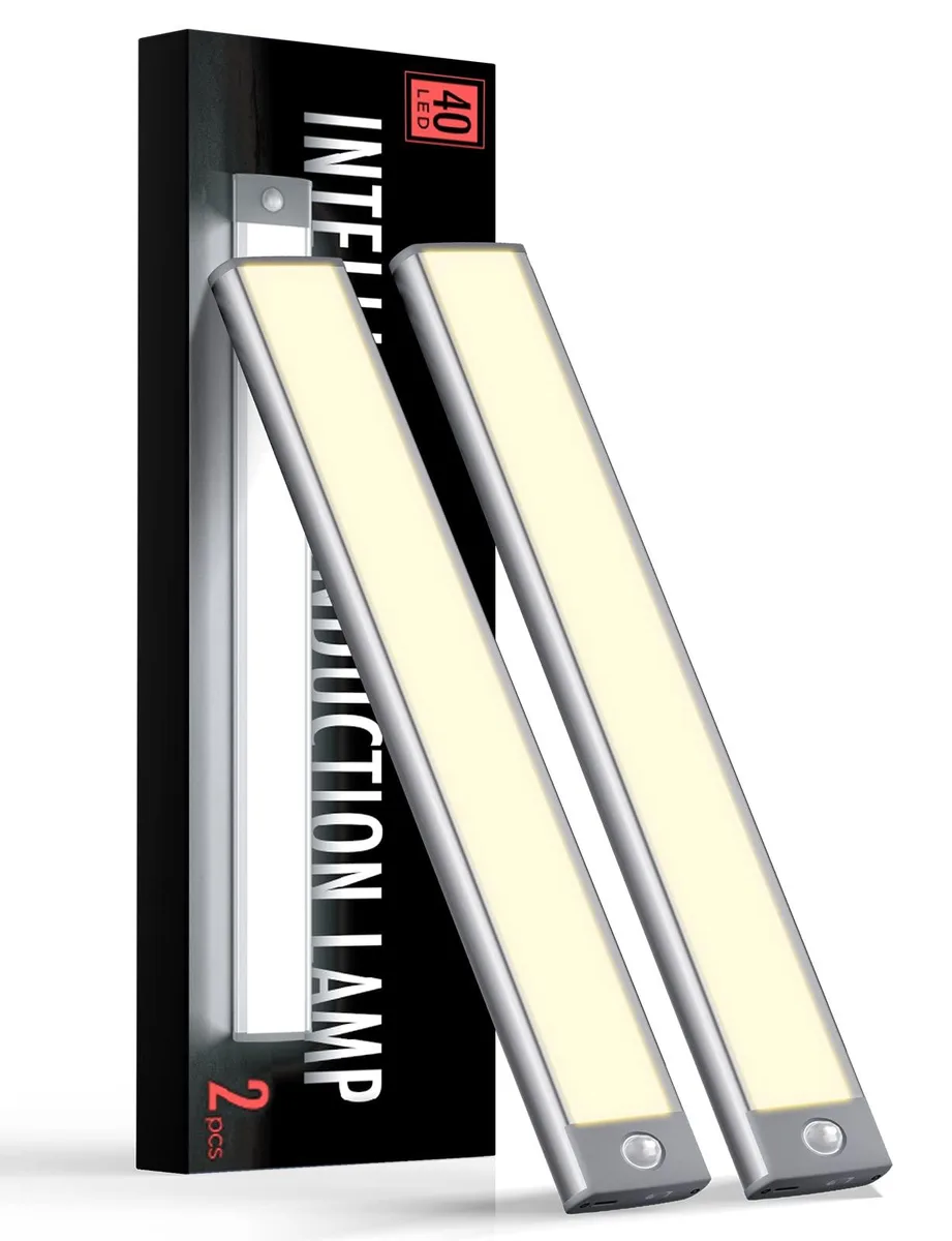 Two silver aluminium bars with polycarbonate covers, magnetic adhesive strips, USB-C charging
