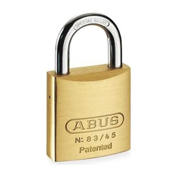 Brass square-body padlock with steel shackle, 45 mm wide, keyed different