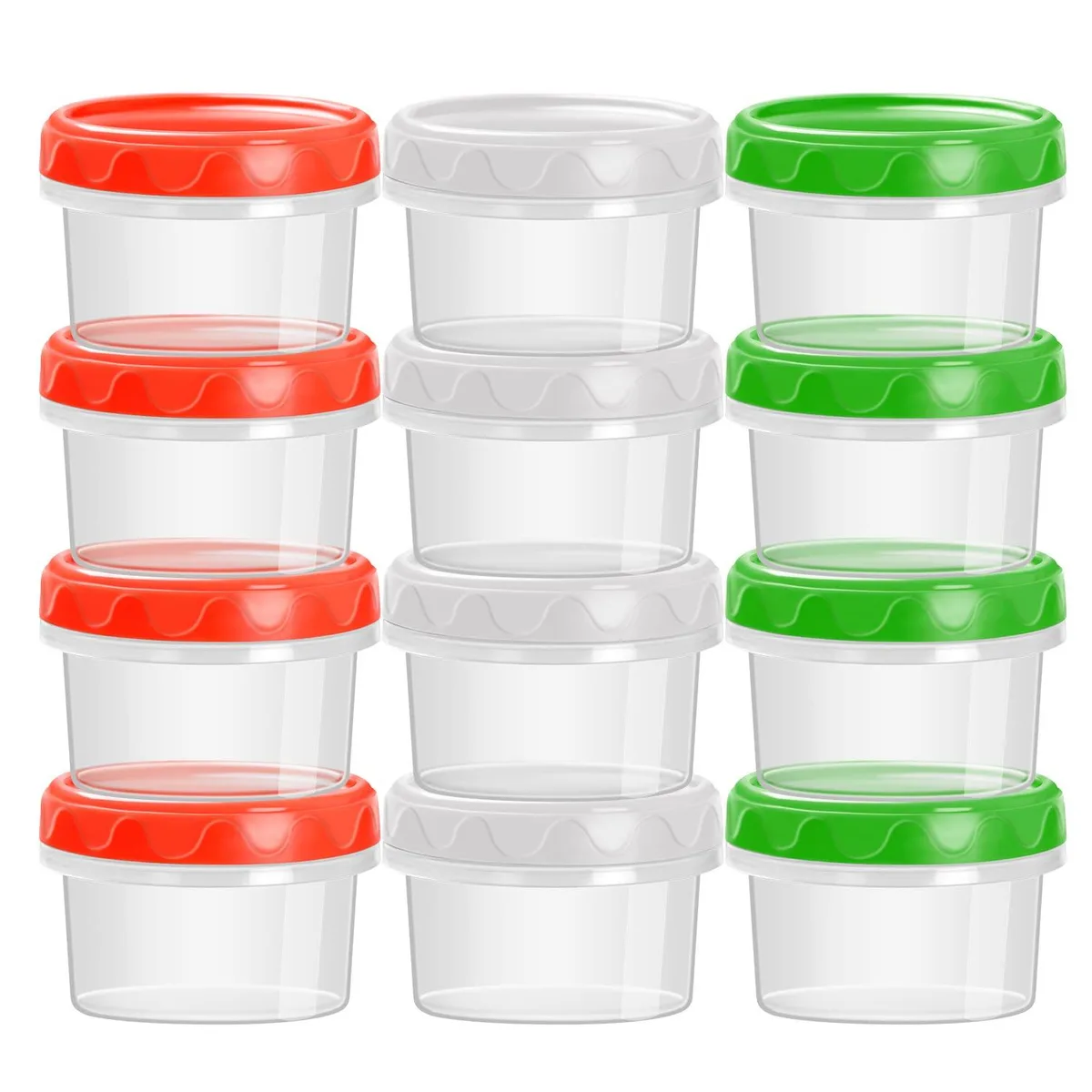 Twelve clear 2 oz plastic jars with white screw-on lids arranged in a grid