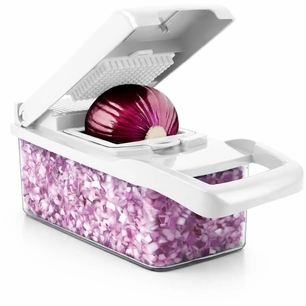 Blue rectangular food chopper with container and multiple blades
