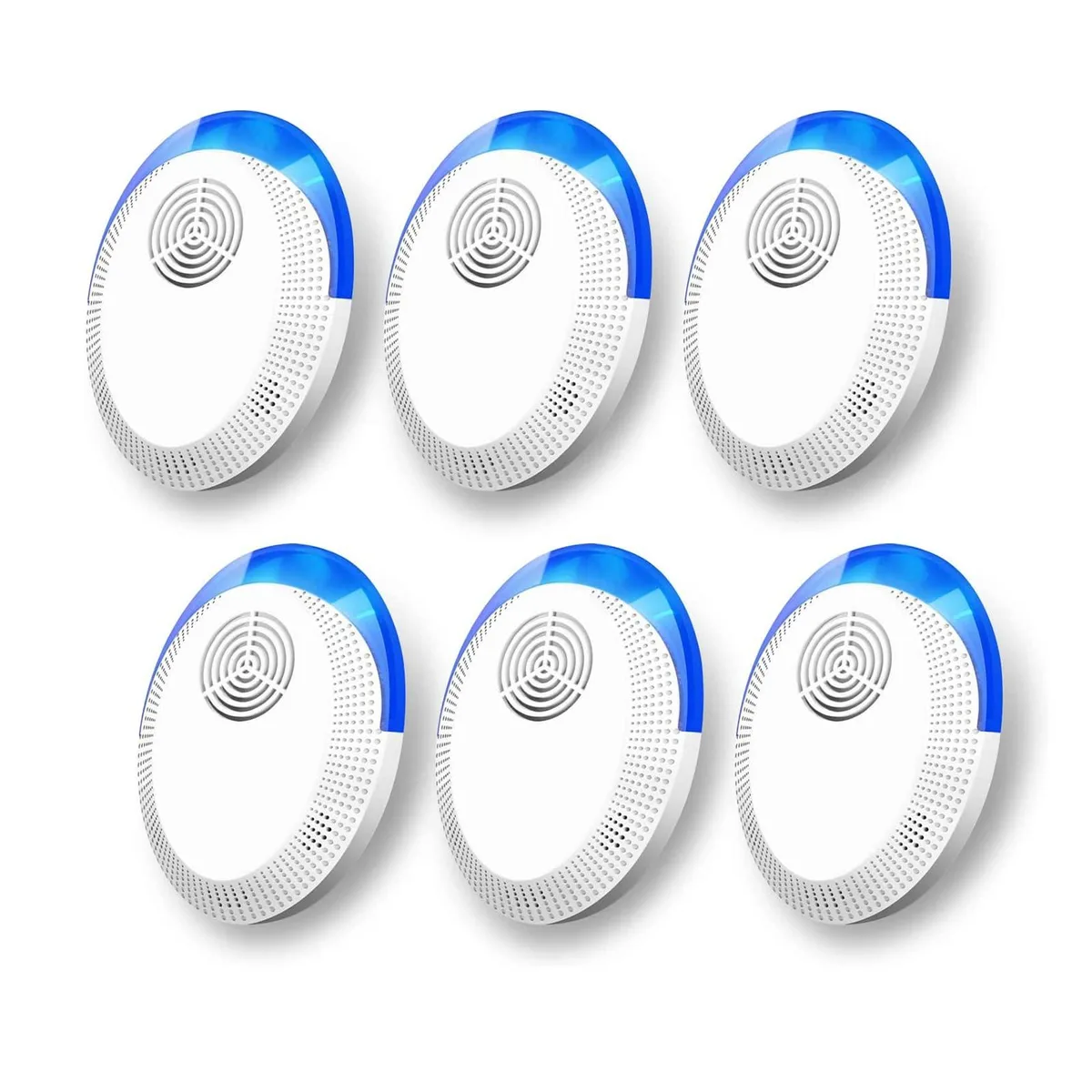 Six compact white plug-in units with blue indicator lights