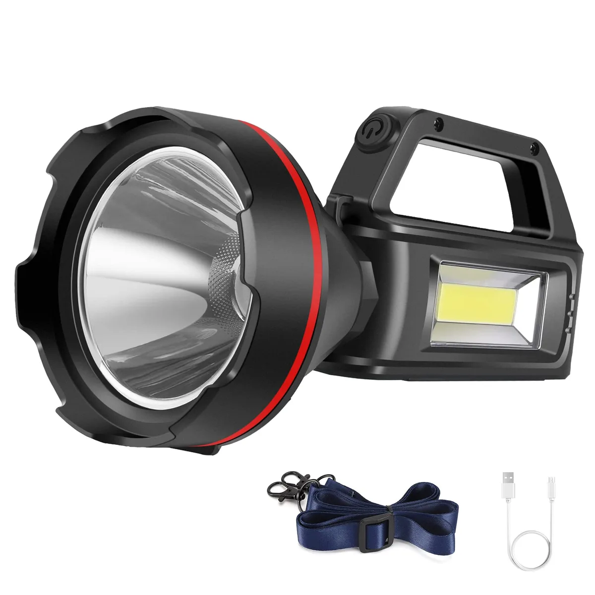 Black handheld LED spotlight with shoulder strap and power display