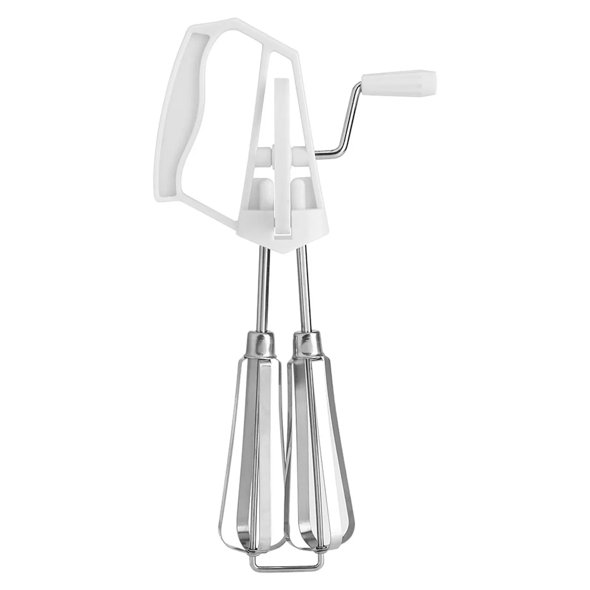 White handheld rotary egg beater with stainless steel twin whisk loops and a white plastic crank handle